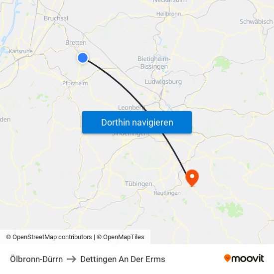 Ölbronn-Dürrn to Dettingen An Der Erms map