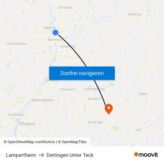 Lampertheim to Dettingen Unter Teck map