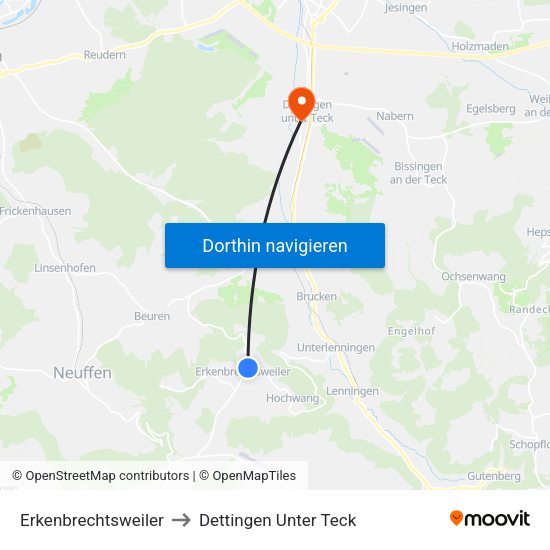 Erkenbrechtsweiler to Dettingen Unter Teck map