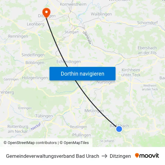 Gemeindeverwaltungsverband Bad Urach to Ditzingen map