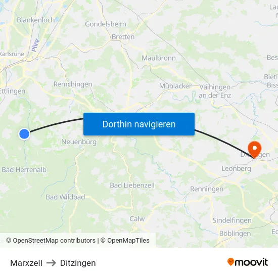 Marxzell to Ditzingen map