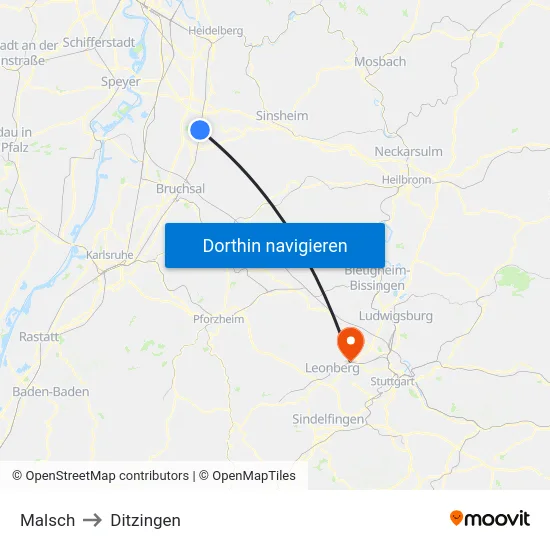 Malsch to Ditzingen map