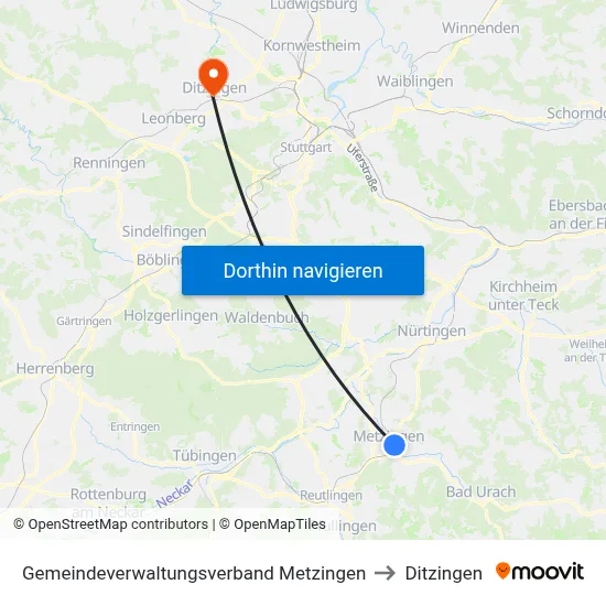 Gemeindeverwaltungsverband Metzingen to Ditzingen map