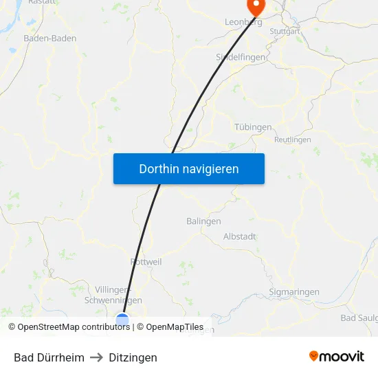 Bad Dürrheim to Ditzingen map