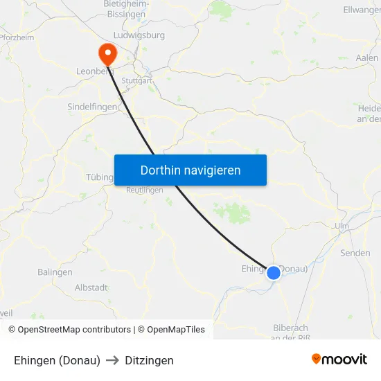 Ehingen (Donau) to Ditzingen map