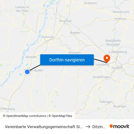 Vereinbarte Verwaltungsgemeinschaft Sinzheim to Ditzingen map