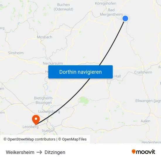 Weikersheim to Ditzingen map