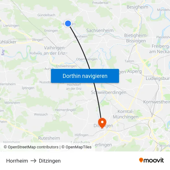 Horrheim to Ditzingen map