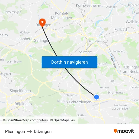 Plieningen to Ditzingen map