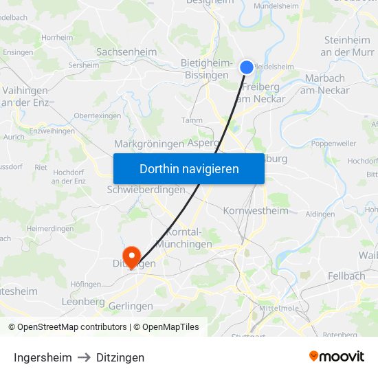 Ingersheim to Ditzingen map