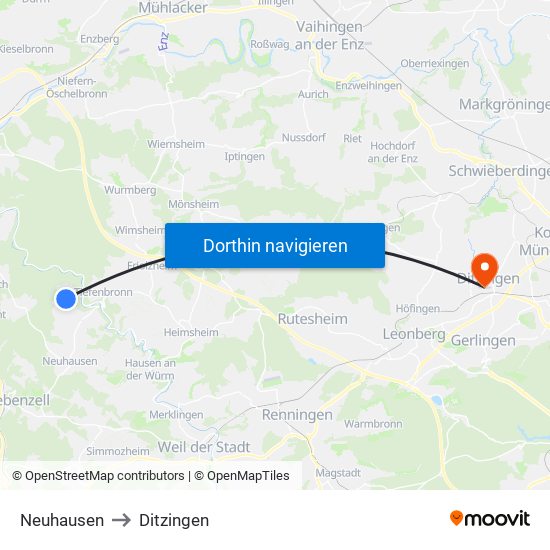 Neuhausen to Ditzingen map