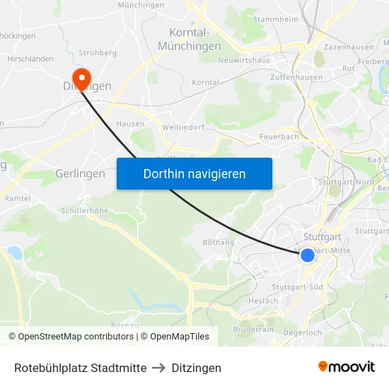 Rotebühlplatz Stadtmitte to Ditzingen map