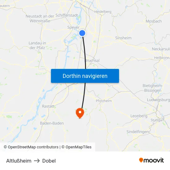 Altlußheim to Dobel map