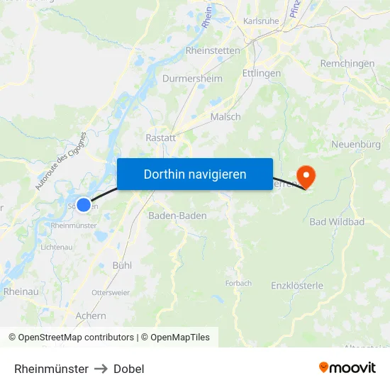 Rheinmünster to Dobel map