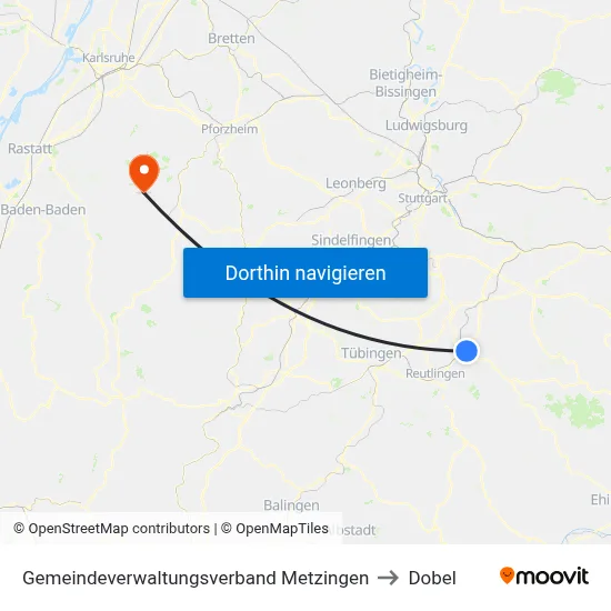 Gemeindeverwaltungsverband Metzingen to Dobel map