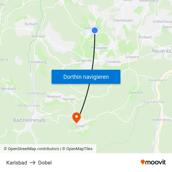 Karlsbad to Dobel map