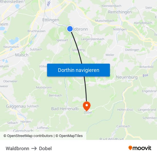 Waldbronn to Dobel map