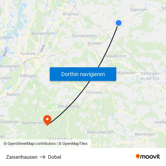 Zaisenhausen to Dobel map