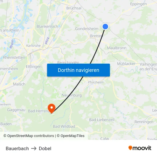Bauerbach to Dobel map