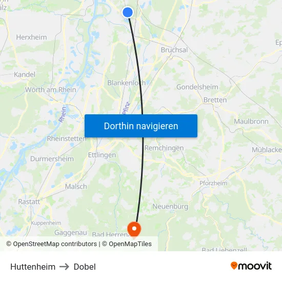 Huttenheim to Dobel map