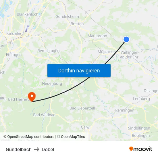 Gündelbach to Dobel map