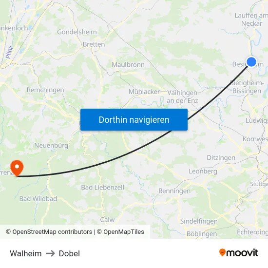Walheim to Dobel map