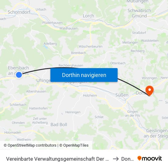 Vereinbarte Verwaltungsgemeinschaft Der Stadt Ebersbach An Der Fils to Donzdorf map