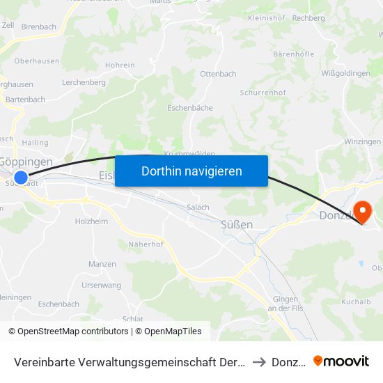 Vereinbarte Verwaltungsgemeinschaft Der Stadt Göppingen to Donzdorf map