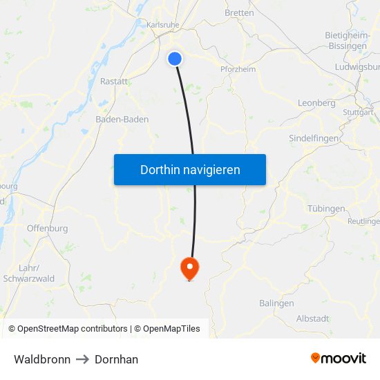 Waldbronn to Dornhan map