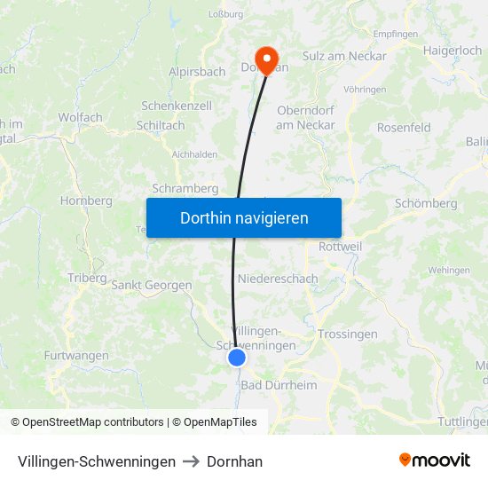 Villingen-Schwenningen to Dornhan map