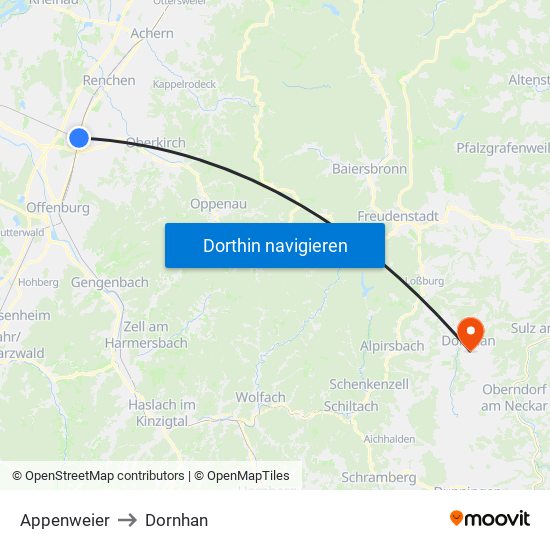 Appenweier to Dornhan map
