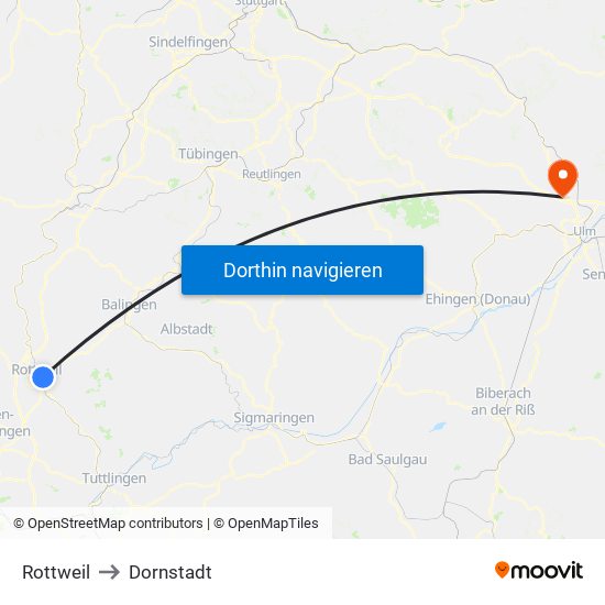 Rottweil to Dornstadt map