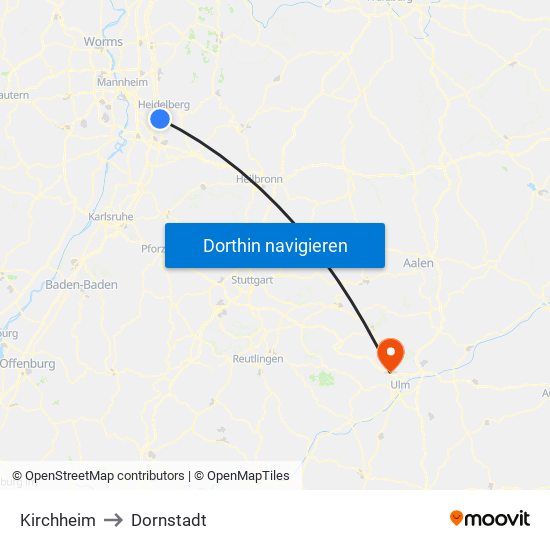 Kirchheim to Dornstadt map