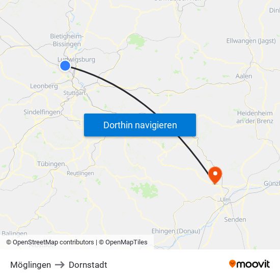 Möglingen to Dornstadt map