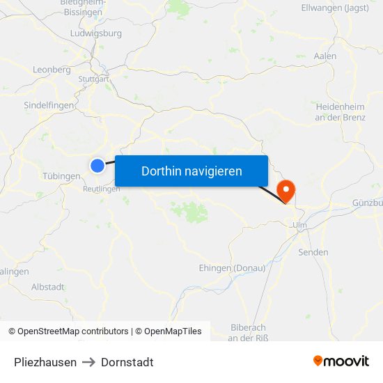 Pliezhausen to Dornstadt map