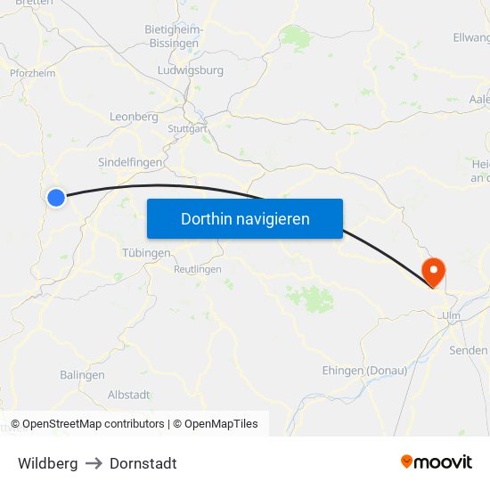 Wildberg to Dornstadt map