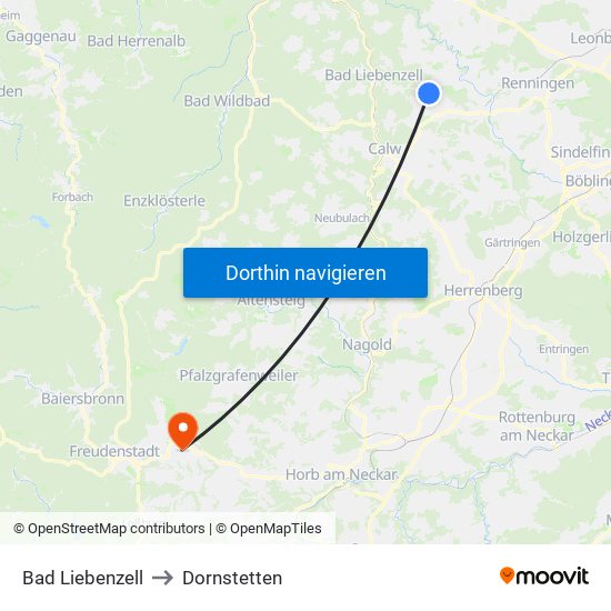 Bad Liebenzell to Dornstetten map