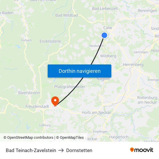 Bad Teinach-Zavelstein to Dornstetten map