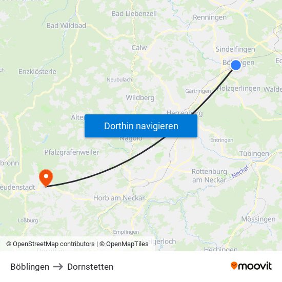 Böblingen to Dornstetten map