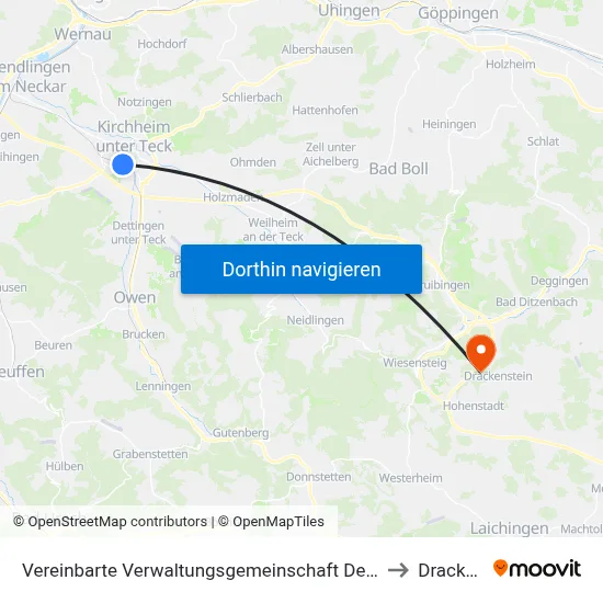 Vereinbarte Verwaltungsgemeinschaft Der Stadt Kirchheim Unter Teck to Drackenstein map