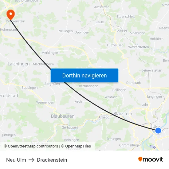Neu-Ulm to Drackenstein map