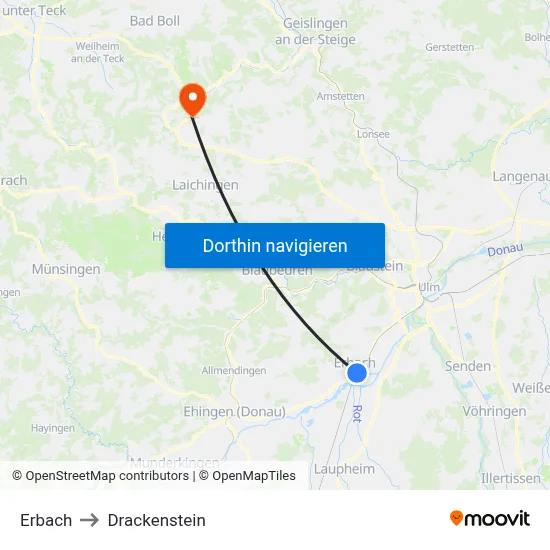 Erbach to Drackenstein map
