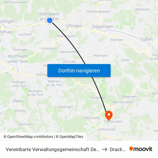 Vereinbarte Verwaltungsgemeinschaft Der Stadt Ebersbach An Der Fils to Drackenstein map