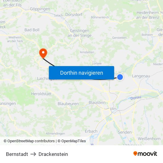 Bernstadt to Drackenstein map