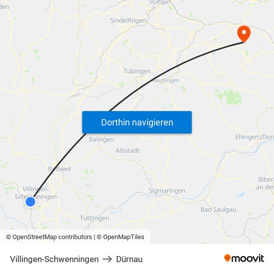 Villingen-Schwenningen to Dürnau map