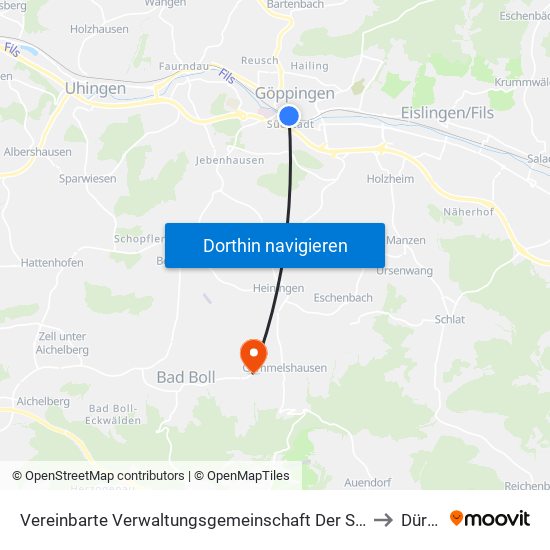 Vereinbarte Verwaltungsgemeinschaft Der Stadt Göppingen to Dürnau map