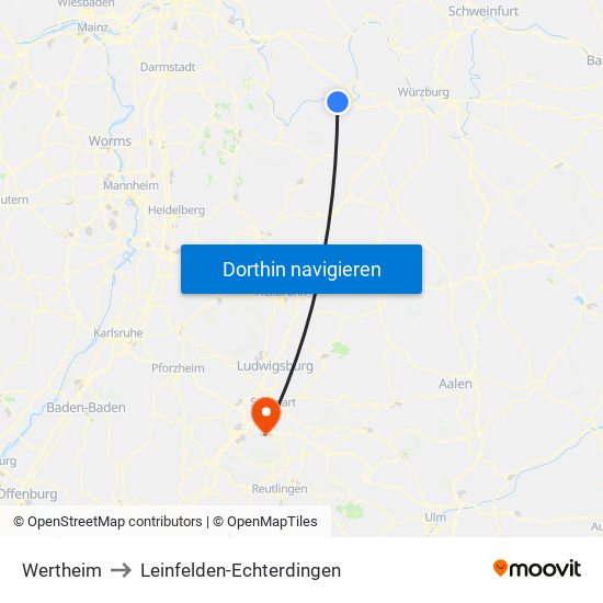 Wertheim to Leinfelden-Echterdingen map