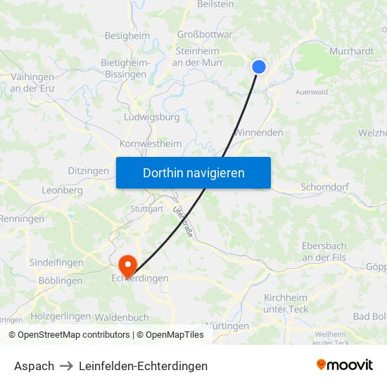 Aspach to Leinfelden-Echterdingen map