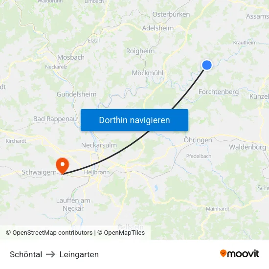 Schöntal to Leingarten map