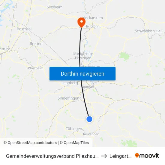 Gemeindeverwaltungsverband Pliezhausen to Leingarten map